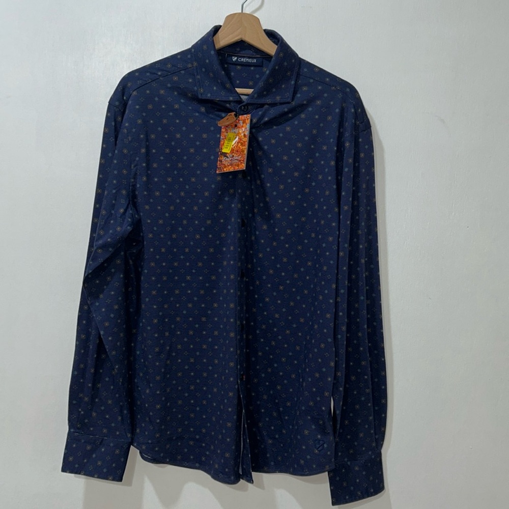 CREWMIEUX MENS BUTTON UP TEE LONG SLEEVE  NAVY BLUE Sz LG NEW